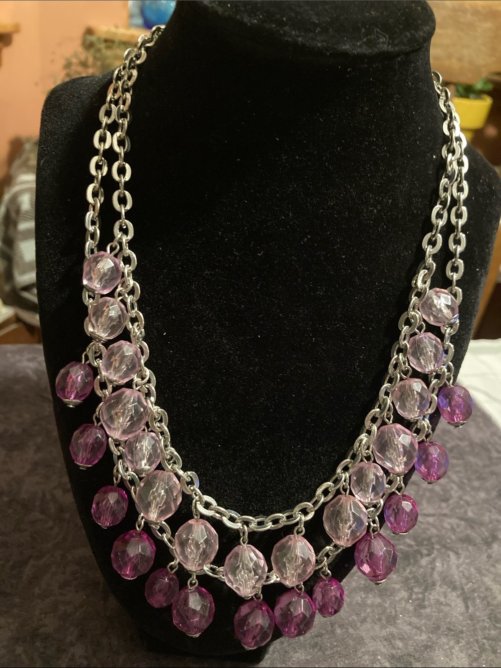 Silver-Tone Purple & Light Pink Beaded Statement Necklace